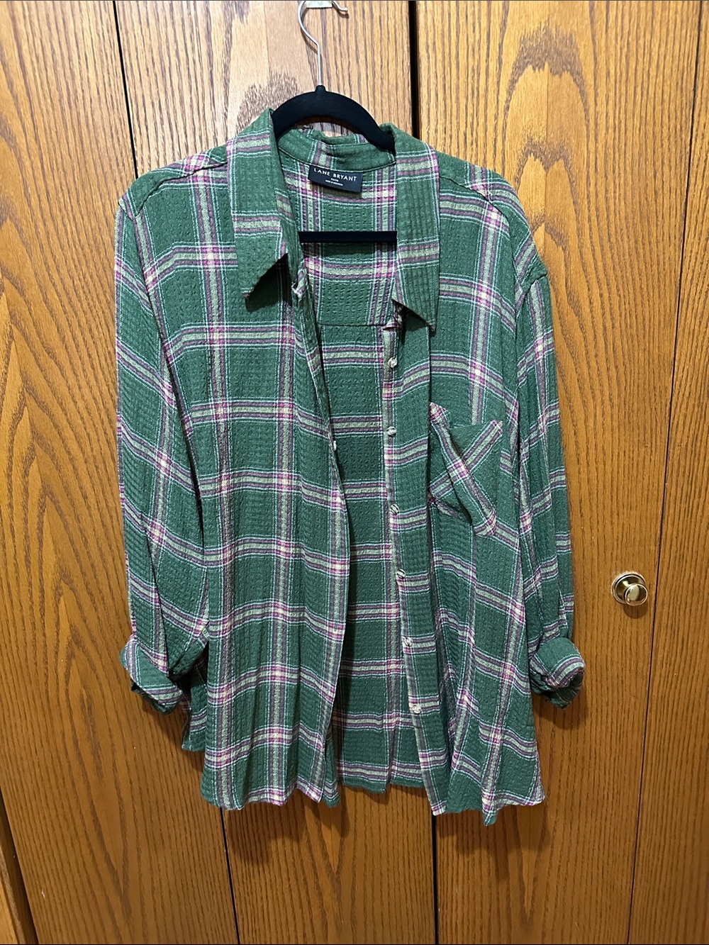 Lane Bryant Green Plaid Button-Down Shirt with Pink Accents